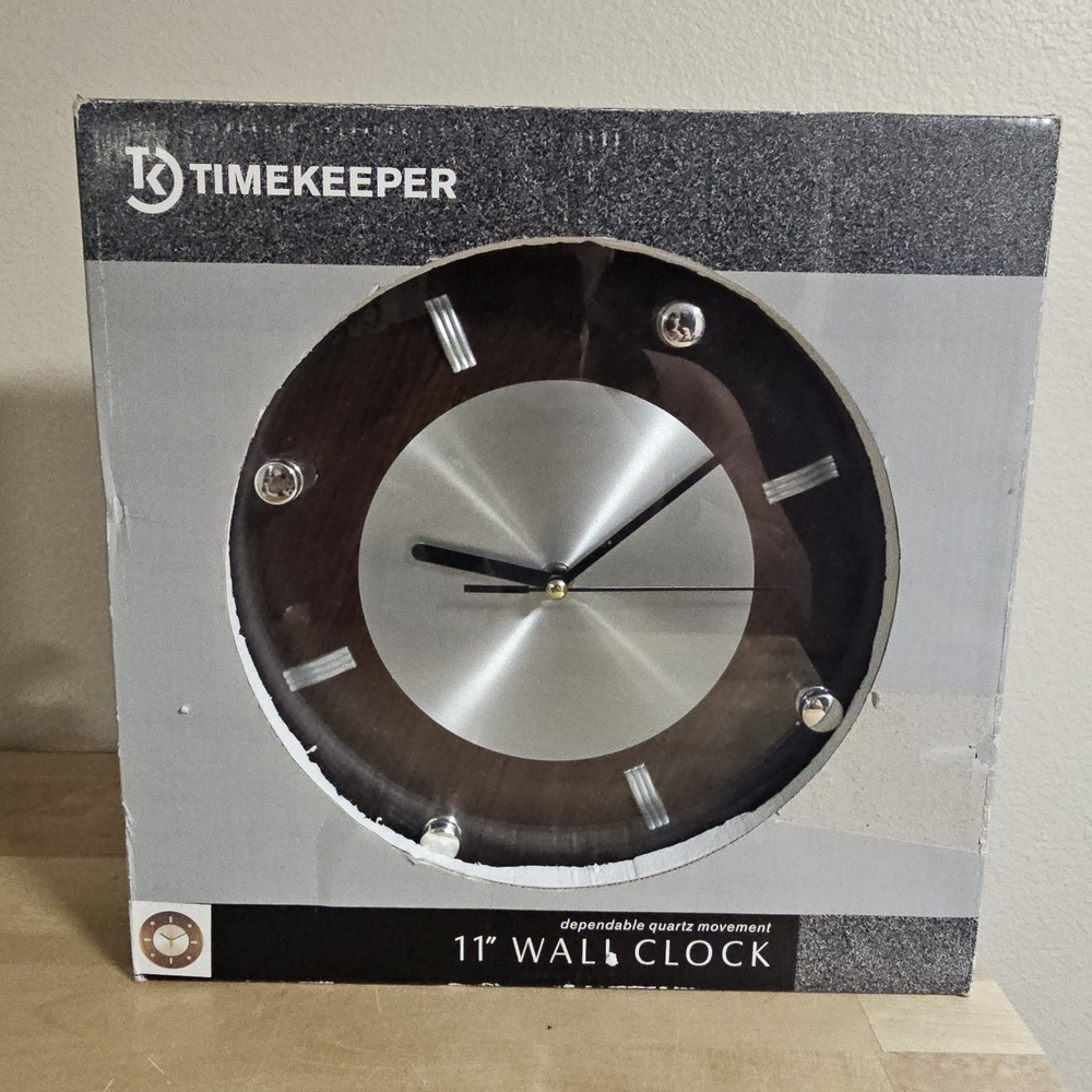 Timekeeper 6014 10.5" Round Dark Wood Silver Dial Wall Clock, New!